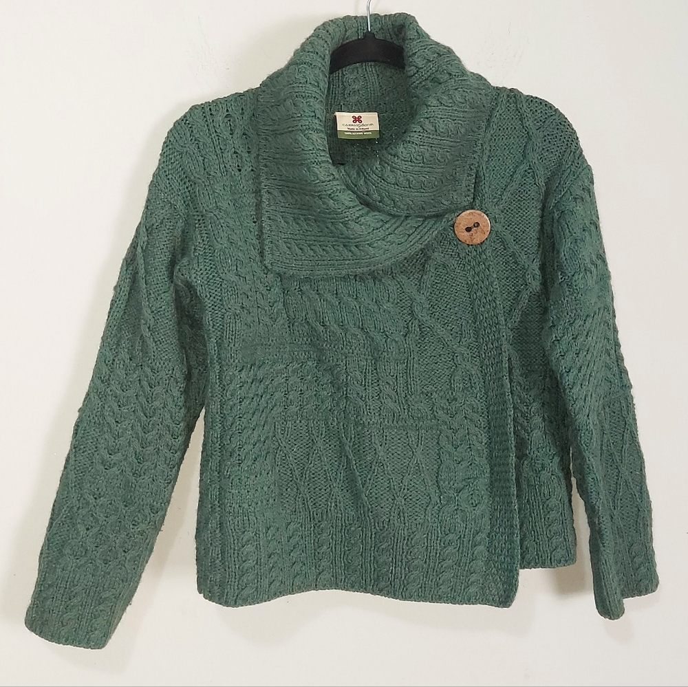 Carraig Donn Irish Merino Wool One Button Wrap Cardigan Small Cropped Cable Knit